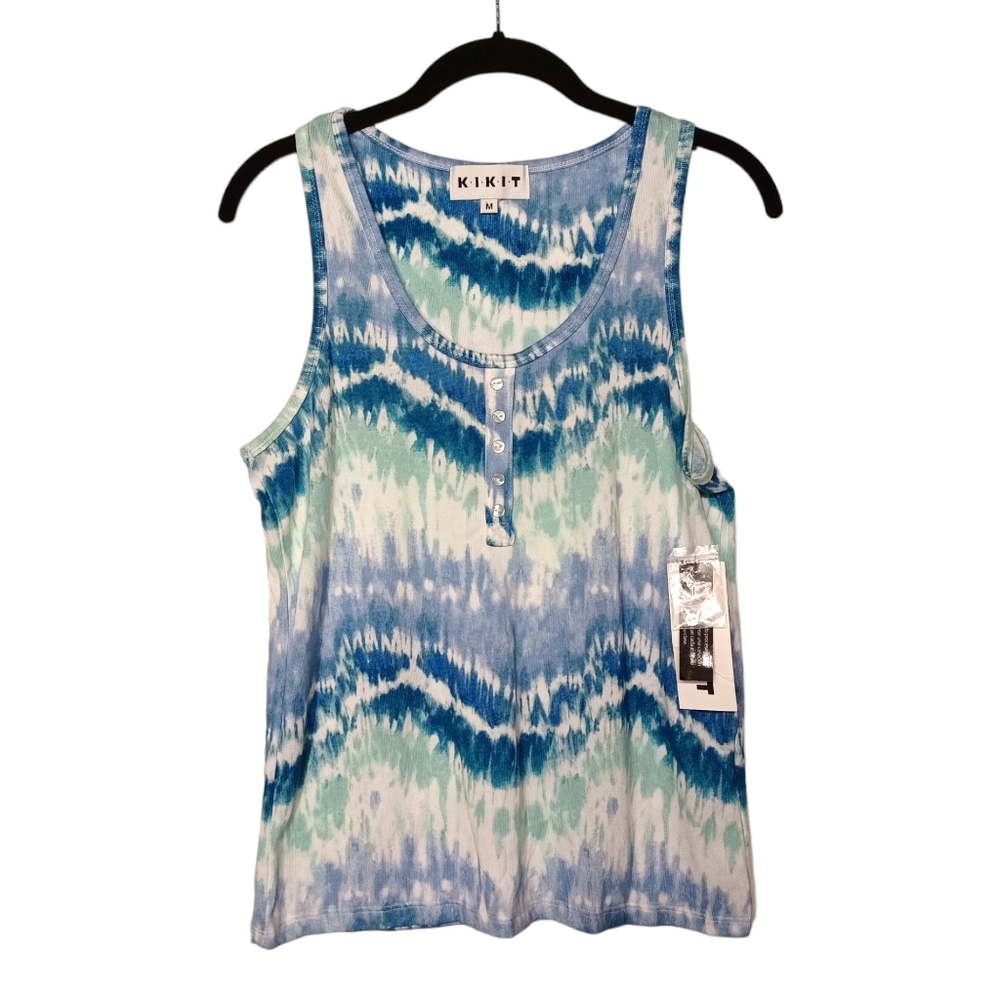 KIKIT Blue White Green Tie Dye Print Sleeveless Stretchy Tank Top Medium NWT